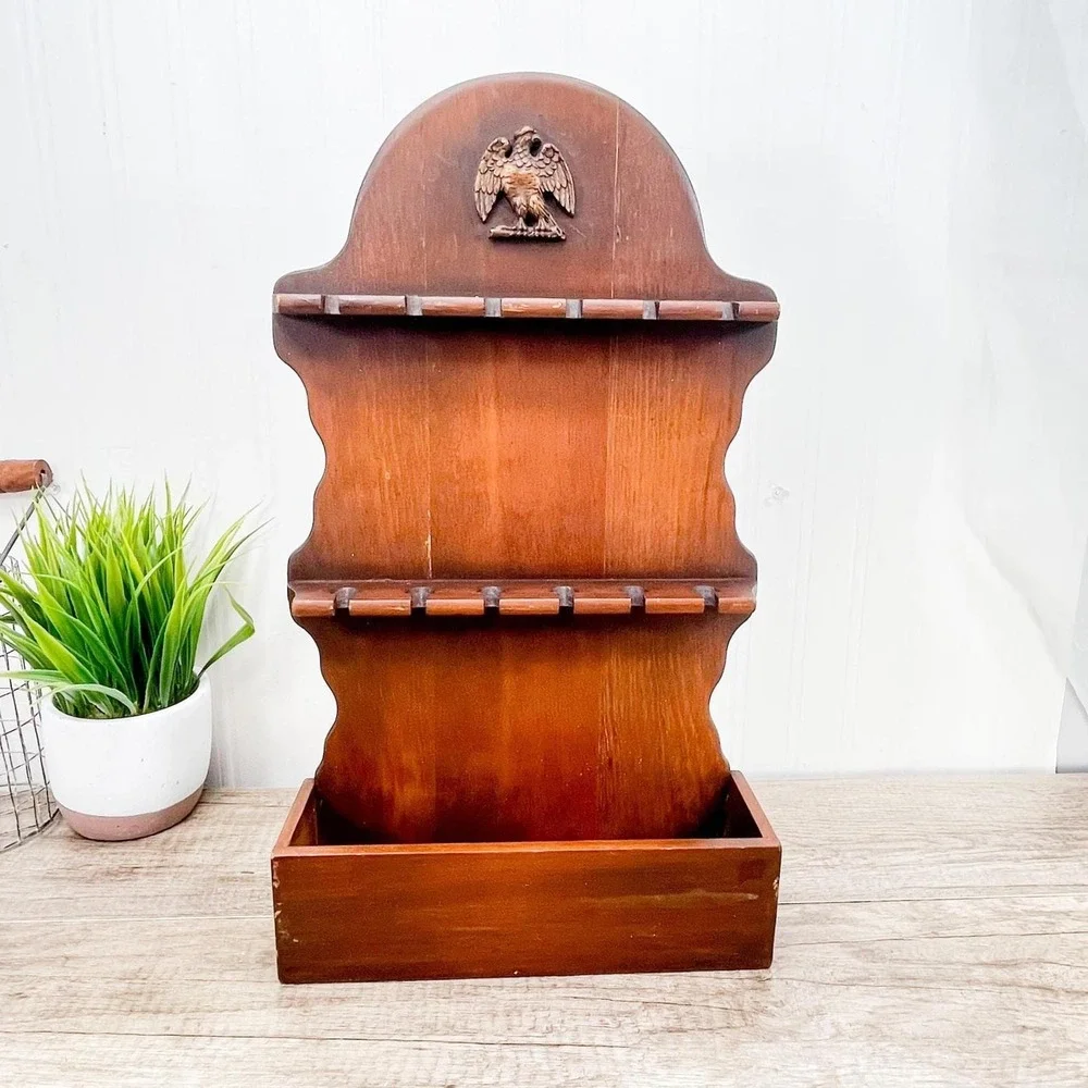 Vintage Wood Spoon Rack - 12 Spoon Display with Pocket Shelf